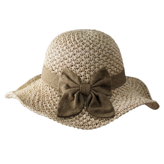 SGMVNU Sun Hat for Women Straw Floppy Wide Brim Elegant Bow Foldable Caps Beach Summer Vacation Travel, Beige, One Size