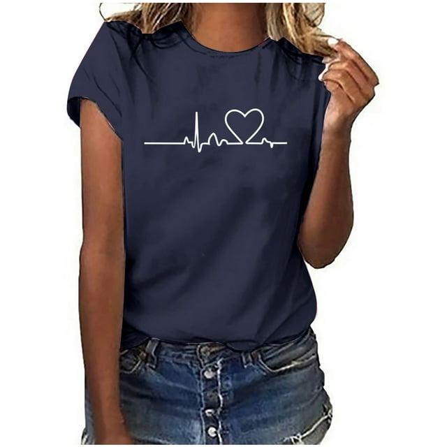 Hauts d'Été pour Femmes Liquidation Manches Courtes Grande Taille Imprimé Motif en Forme de Cœur T-Shirts Col Rond T-Shirt Classique Ajusté Mode Tendance Hauts de Vacances pour Dames Bleu Marine,G
