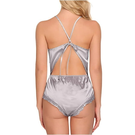 adviicd Strappy Lingerie Women s Backless Lingerie Strap Bodysuit Halter Deep V Neck Teddy Lace Underwear Nightwear Grey XL