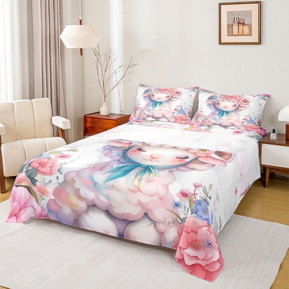 Castle Fairy Boys Girls Cartoon Floral Sheep Twin Sheet Sets 3pcs,Kawaii Farmhouse Animal Twin Fitted Sheet Microfiber,Chic Flowers Blossoms Breathable Flat Sheet,Ultra Soft Home Decor