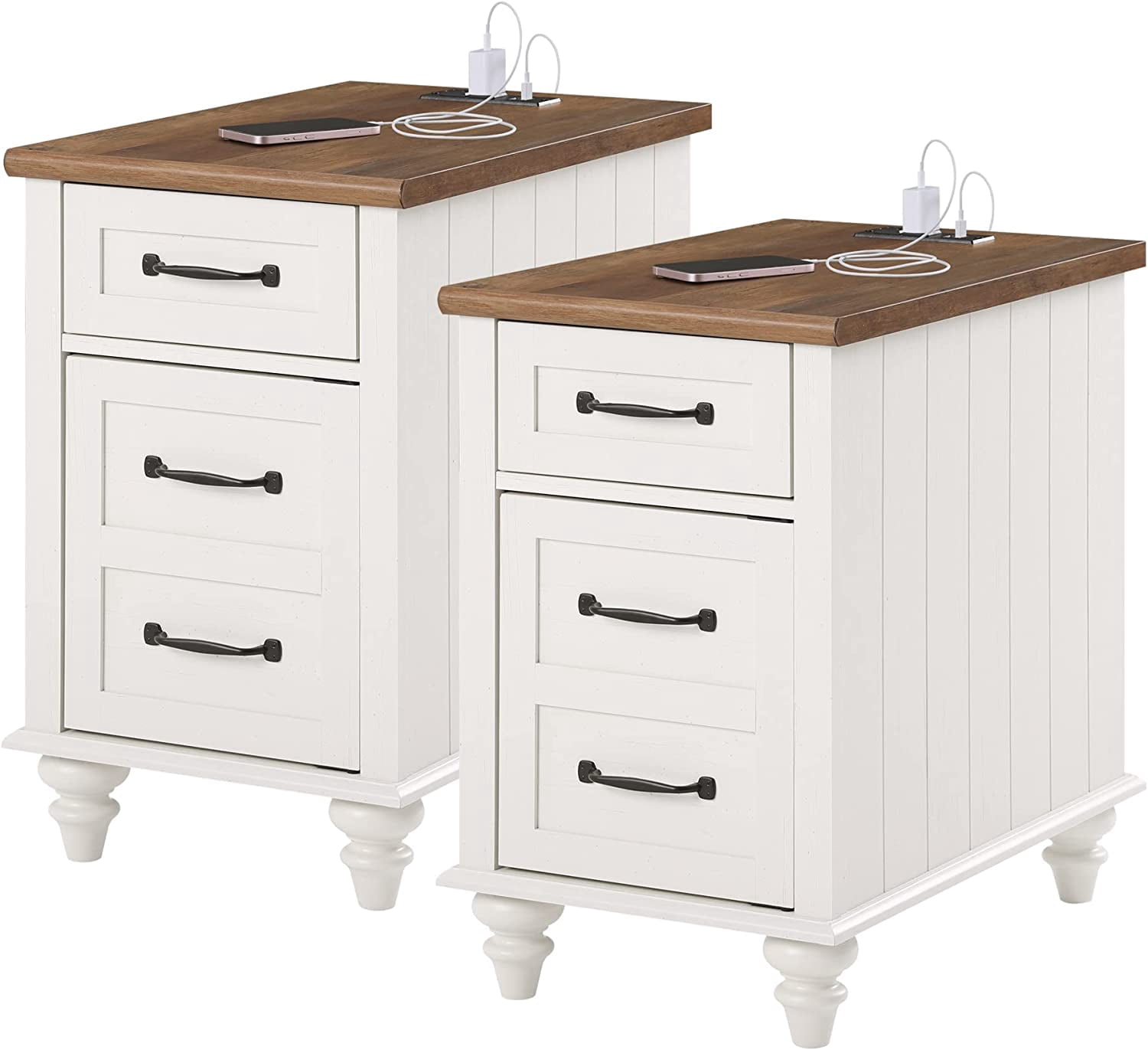 Nightstand with Charging Station, Set of 2 End Tables Side Table with Power outlets USB Ports, White Nightstand with Drawer Storage Cabinet for Bedroom