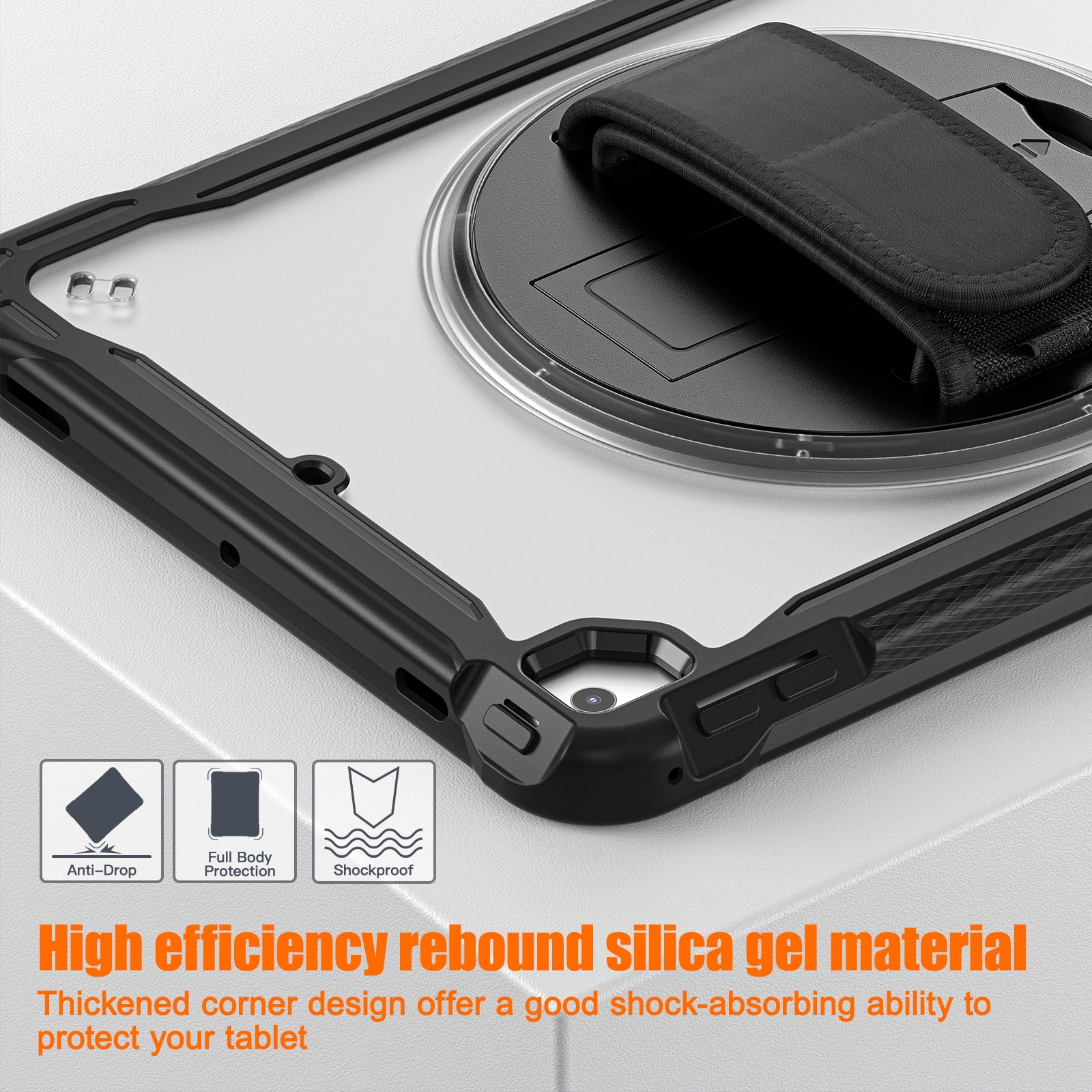 Dteck Case for iPad Air 2/iPad Pro 9.7"/iPad 5th/6th Generation,Military Grade Shockproof Silicone Protective Cover 360° Rotatable Stand- Shoulder Strap- Handle- Pencil Holder,Black