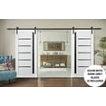 thumbnail image 3 of Sturdy Double Barn Door with | Quadro 4588 White Silk with Black Glass | 13FT Rail Hangers Heavy Set | Solid Panel Interior Doors-48" x 84" (2* 24x84)-Black Rail-Black Glass, 3 of 6