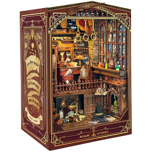 Book Nook Kit for Adults - DIY World Library Booknook, 3D Wooden Dollhouse Puzzle with LED Lights, Miniature Bookshelf Decor for Home Libraries(Magic Studio)