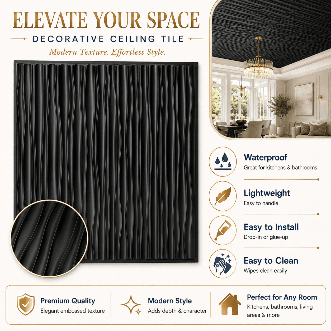 Yeslife 2 x 2 ft Drop Ceiling Tiles, 12 Pack, Black PVC 3D Wall Panels, Covers 48 Sq Ft