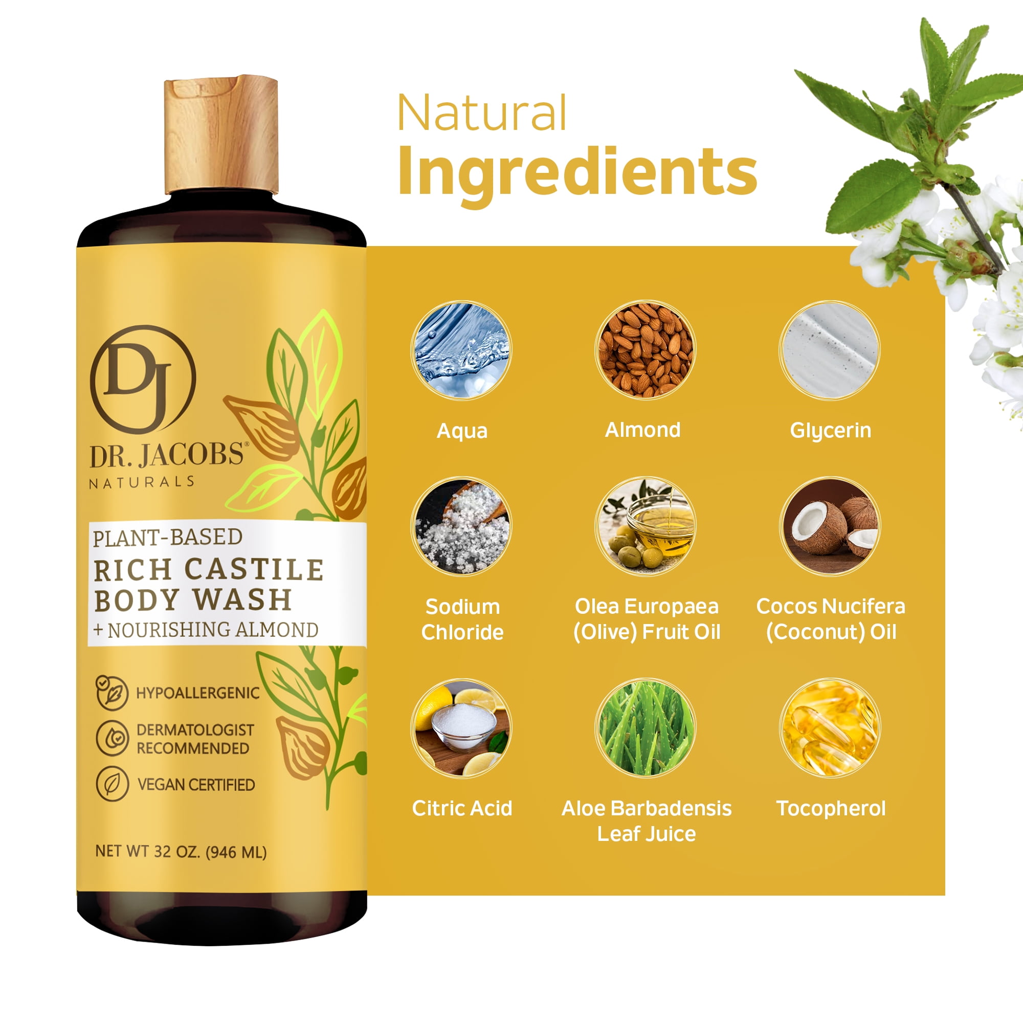 Dr Jacobs Naturals Castile Soap Body Wash Plant Based Liquid Soap, Almond 32 Oz 2-Pack