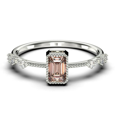 Art Deco 1.25 Carat Emerald Cut Morganite And Diamond Moissanite Thin Engagement Ring Slim Wedding Ring in 10k Solid White Gold Gift For Wife Holiday Gift Promise Ring Anniversary Ring