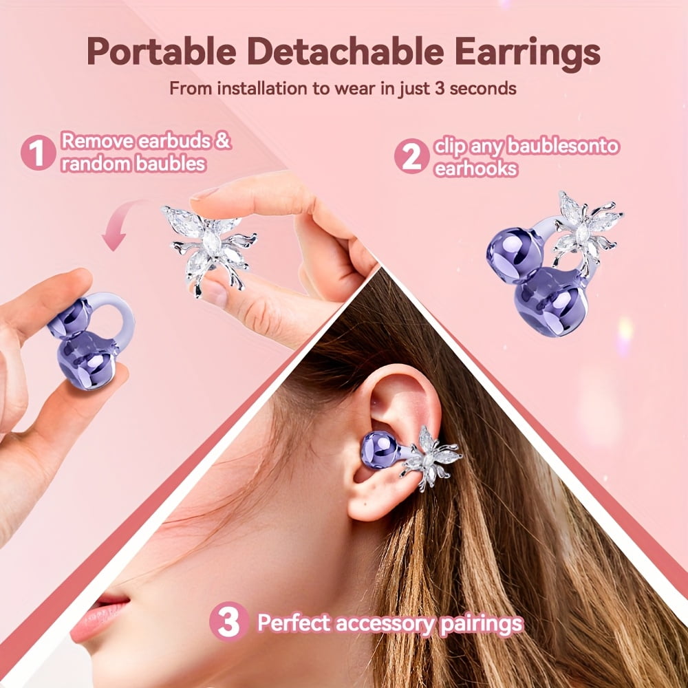 Wireless open earbuds, OWS clip-on earbuds, butterfly earring earbuds, pure stereo sound, suitable for sports/sports/outdoors, wireless earbuds, clip-on earbuds, travel earbuds, fashion earbuds, gift
