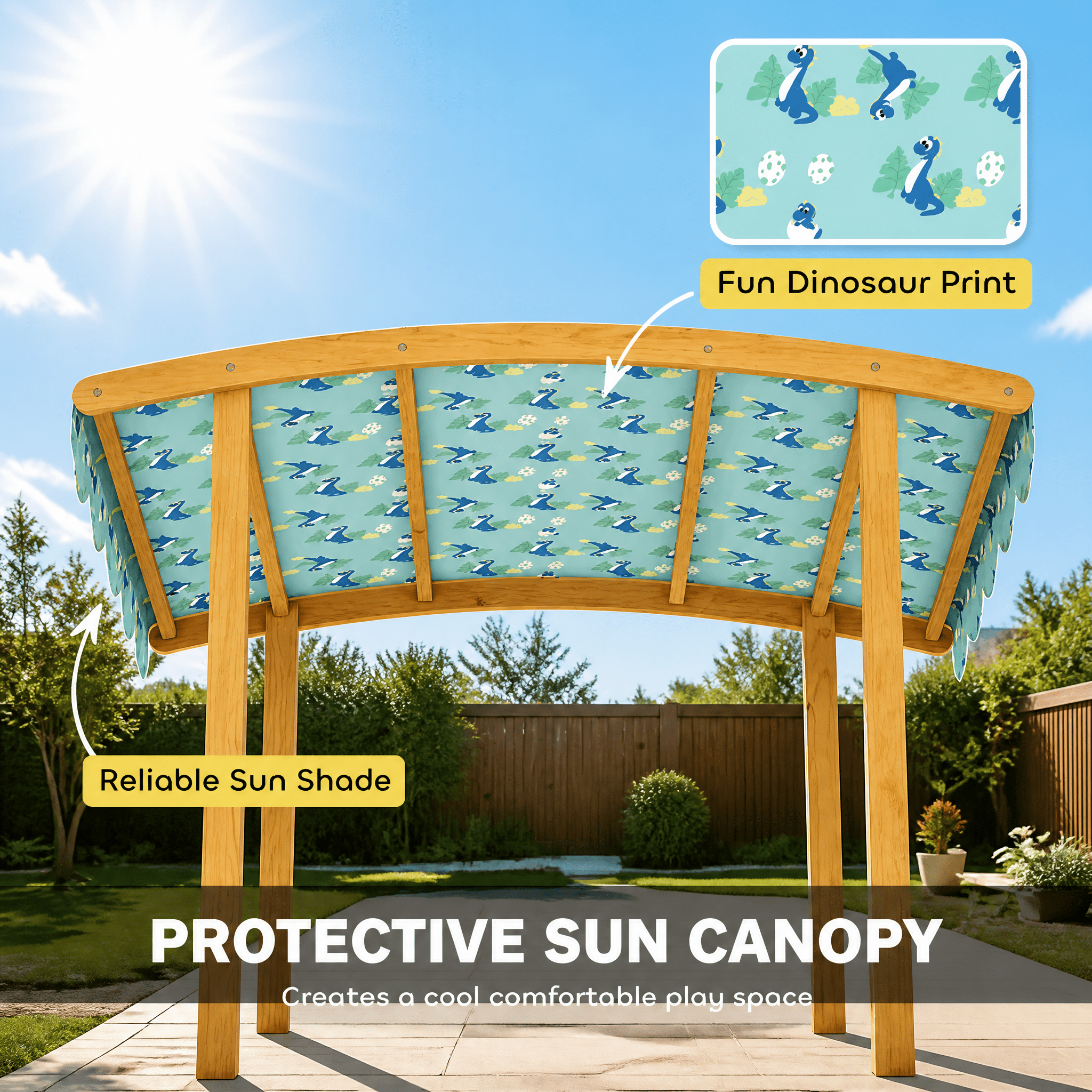 Kids Wooden Sandbox with Dinosaur Print Oxford Canopy, 3-Sided Bench Seats for 6 Children, 2 Removable Storage Boxes, Fir Wood Outdoor Sand Pit with Bottom Liner for Backyard Ages 3-6