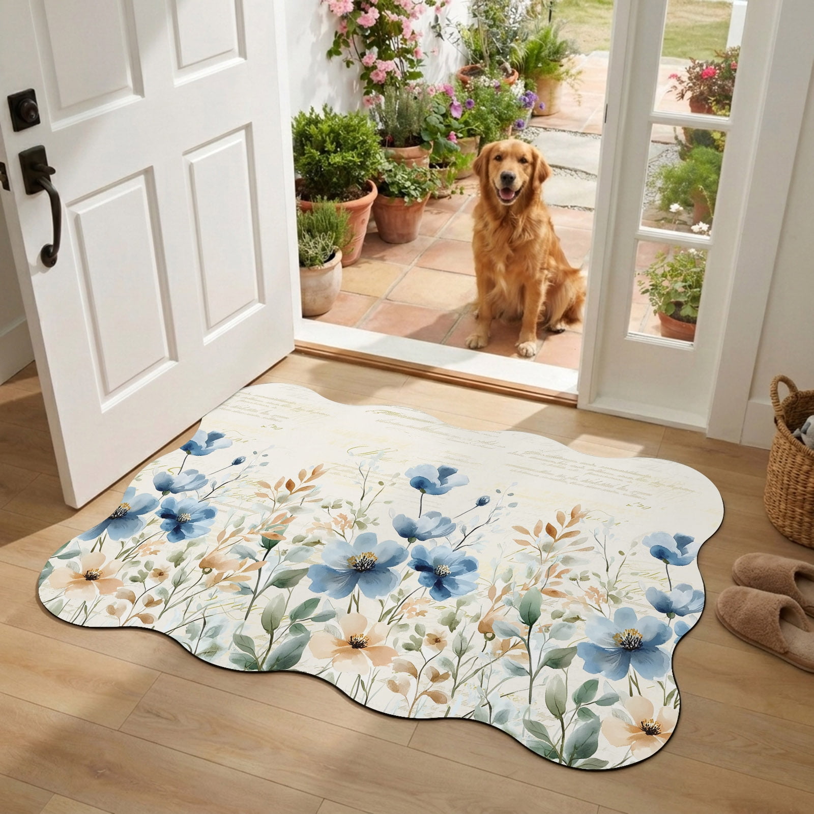 Indoor Doormat Front Door Mat 20 x31.5 Blue Spring Floral Absorbent & Non-Slip Scalloped Doormat Indoor Entrance Low-Profile Welcome Mat for Entryway Patio Summer Botanical Vintage