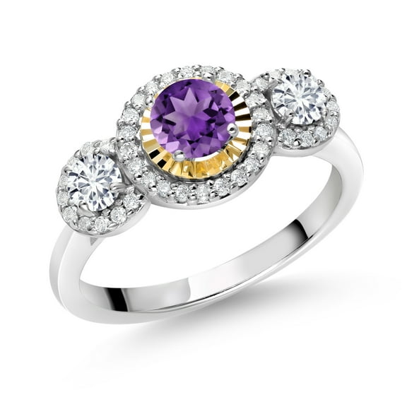Gem Stone King 925 Silver and 10K Yellow Gold Purple Amethyst and White Lab Grown Diamond 3 Stone Ring for Women | 0.66 Cttw | Gemstone Birthstone (Size 6)