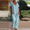 thumbnail image 4 of Harem Jumpsuits For Women Casual V Neck Short Sleeve Romper Baggy Loose Fit Wide Leg Overalls with Pockets One Piece Onesie, 4 of 4