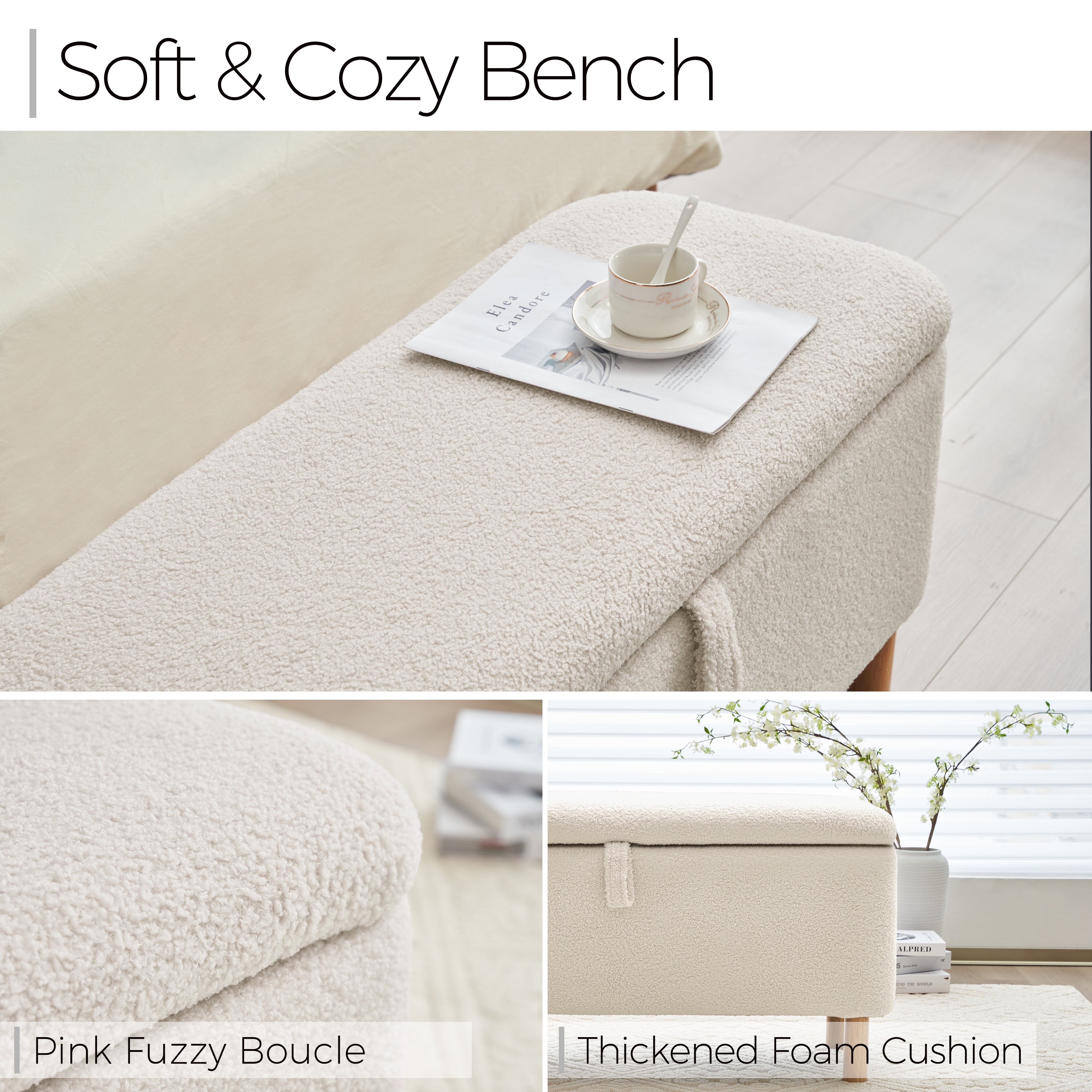 Comfort Stretch 39.3" Length Storage Ottoman Bench for Living Room,White Bedroom Bench with Entryway Storage Rectangular Boucle Foot Rest Stool Padded Seat