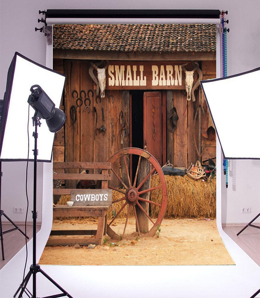 CdHBH Western Countryside Background 5x7ft Old Barn West Cowboy Backdrop Black Boots Farm Tools Old Lantern Gloomy Stripes Wood Board Photography Background Kids Adults Photo Studio Props