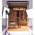 thumbnail image 1 of EREHome Polyester Fabric 5x7ft Backdrop Photography Background Shabby Small Barn Tools Wheel Cowboy Backdrop Western Retro Rustic House Cowboy Farm Photo Booth Studio Props, 1 of 2