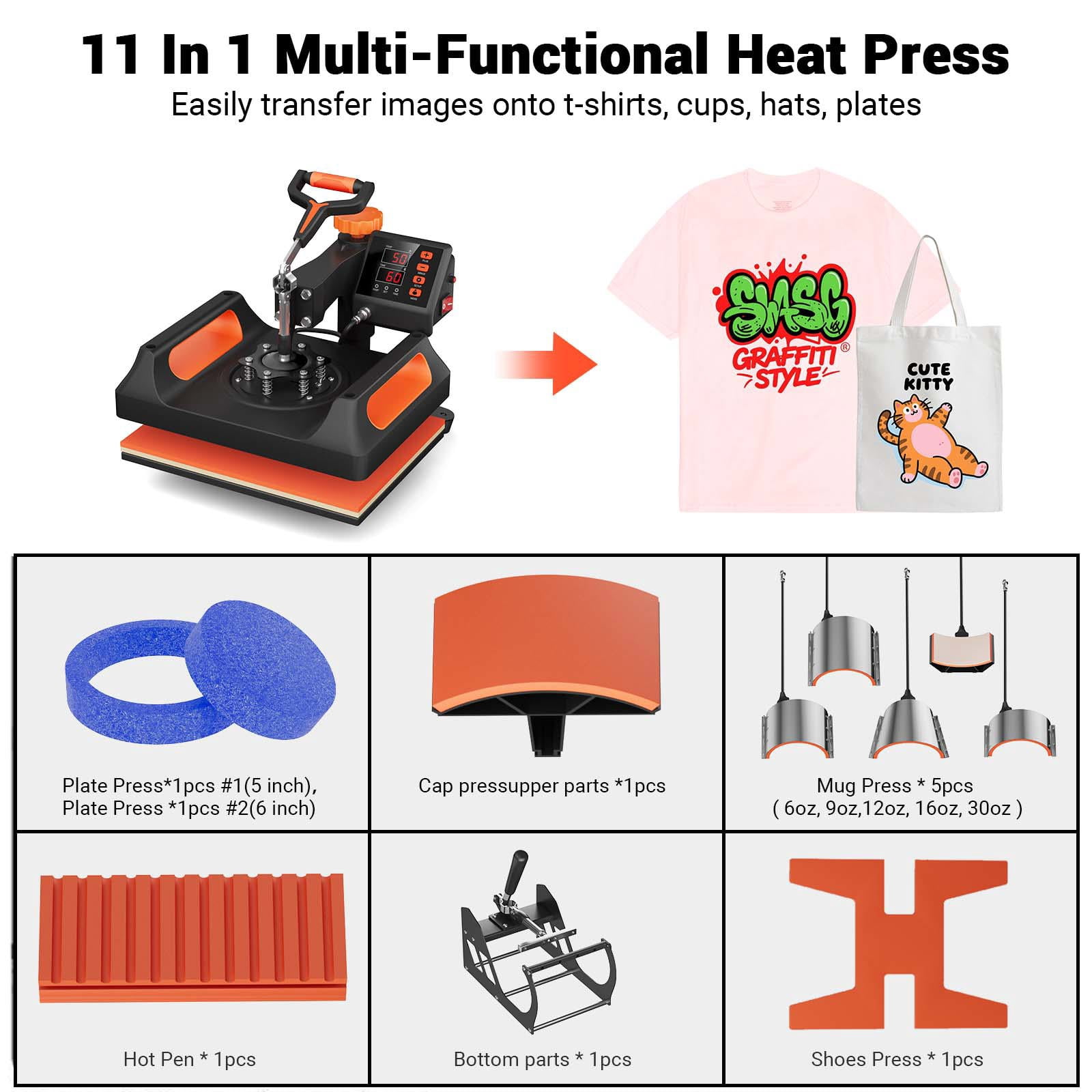 11 in 1 Heat Press, 12 x 15 Inch, Multifunctional Clamshell Printer, Digital Dual-Tube Heat Press Transfer Machine, Swing Away Sublimation Machine for T-Shirt Hat Cap Mug Plate Pen Shoes, Black
