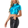 thumbnail image 4 of INSPIRAR CHIC Blusas Cortas de Cuello Alto para Mujeres con Mangas Cortas Metálicas XL Azul Pavo Real, 4 of 6