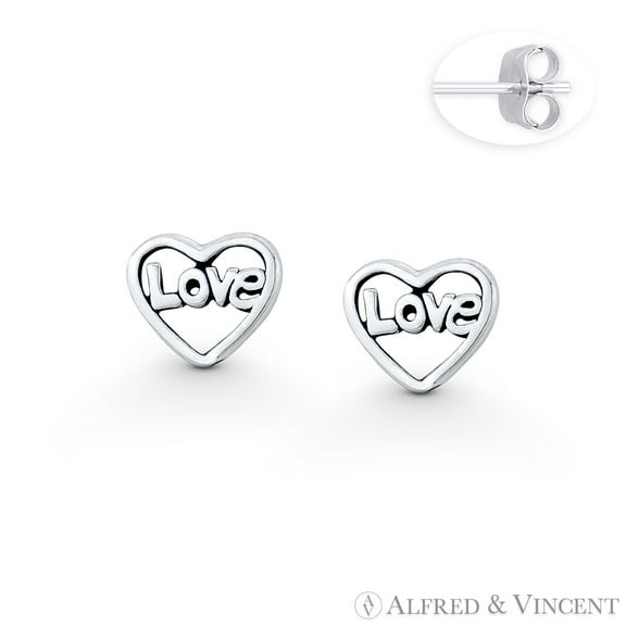 Heart & "Love" Word Script Charm 6x7mm Stud Earrings in Oxidized .925 Sterling Silver