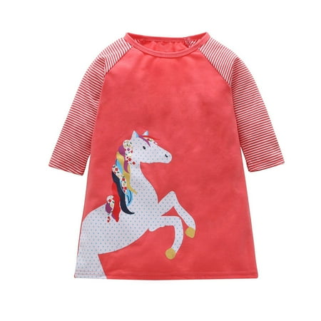 

Honeeladyy Toddler Kids Baby Girls Long Sleeve Cartoon Horse Stripe Princess Party Dress Watermelon Red