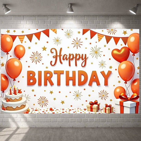 Orange Balloons Banner Gold Stars Birthday Party Display Firework Design Cake Elements Party Backdrop for Birthday Party Indoor Decoration Photo Shoot