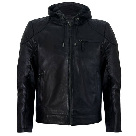 Mens Classic Hooded Leather Bomber Jacket-Chorleywood in Black