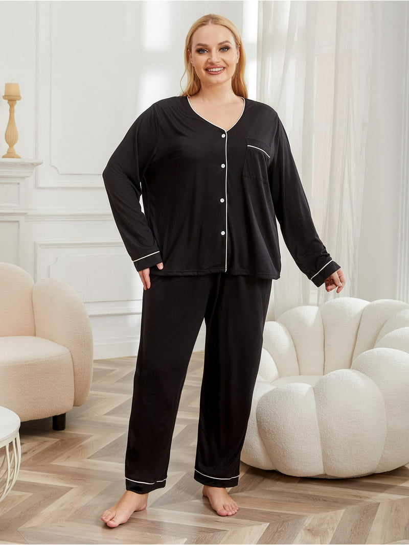 ebukurty Women's Plus Size Pajama Set, V-Neck Long Sleeve Top