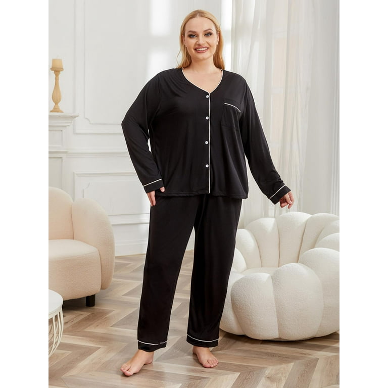 Women s Plus Size Pajama Set V Neck Long Sleeve with Pockets Paired with Pants Oversize Sleepwear 2 piece Pj Set Walmart