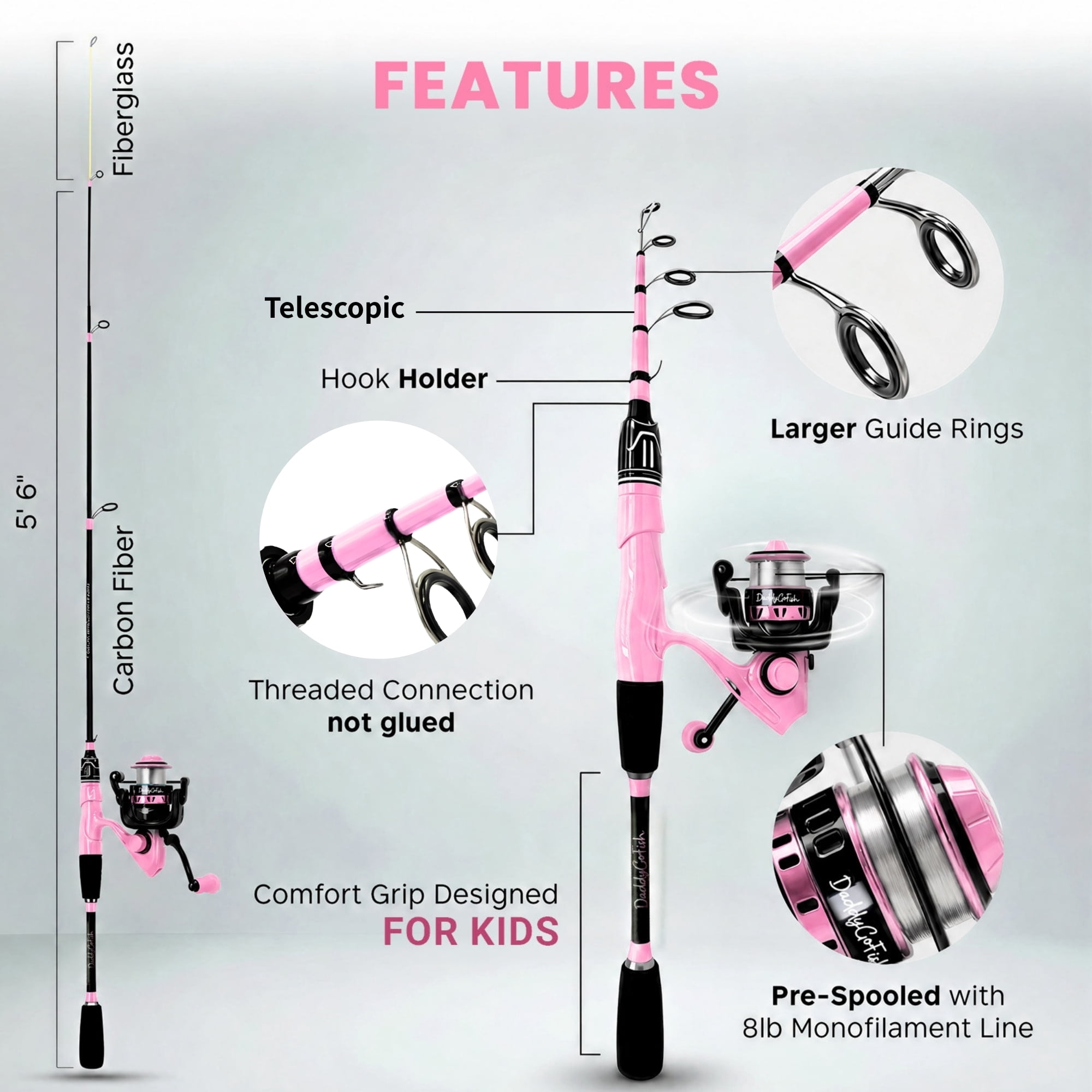 DaddyGoFish Spinning Fishing Rod and Reel Combo Set with Tackle Box | Fishing Pole | Carbon Fiber Telescopic Fishing Rod Kit | Spinning Reel for Travel Saltwater Freshwater Fishing Gear Kit