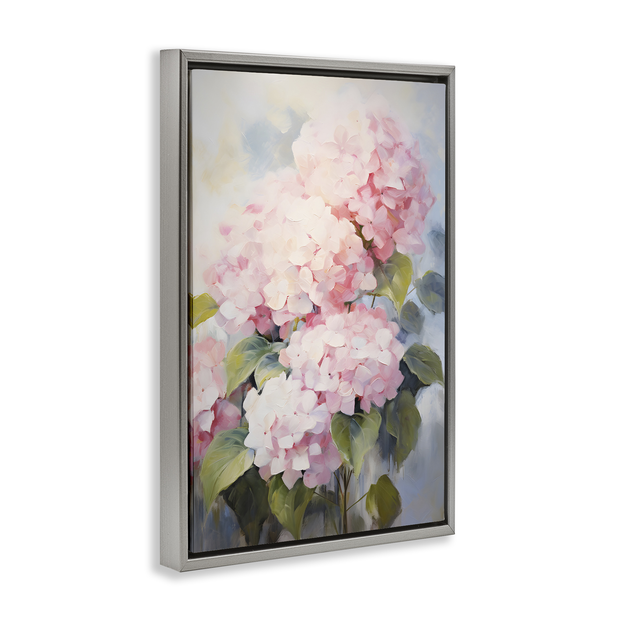 Stupell Industries Pale Pink Hydrangea Botanical & Floral Painting Gray Floater Framed Art Print Wall Art, 17 x 25