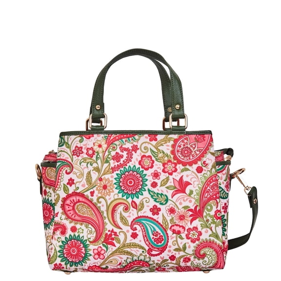 Sishka Women’s Hand Crafted Printed Nylon & Leather Multi-Compartment Satchel – Elegant Bag with Top Handle & Shoulder Strap