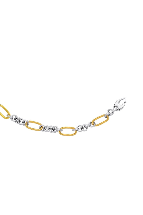 14K Yellow & White Gold Shiny Textured Euro Link Two Tone Fancy Bracelet 7.5" with Fish Clasp