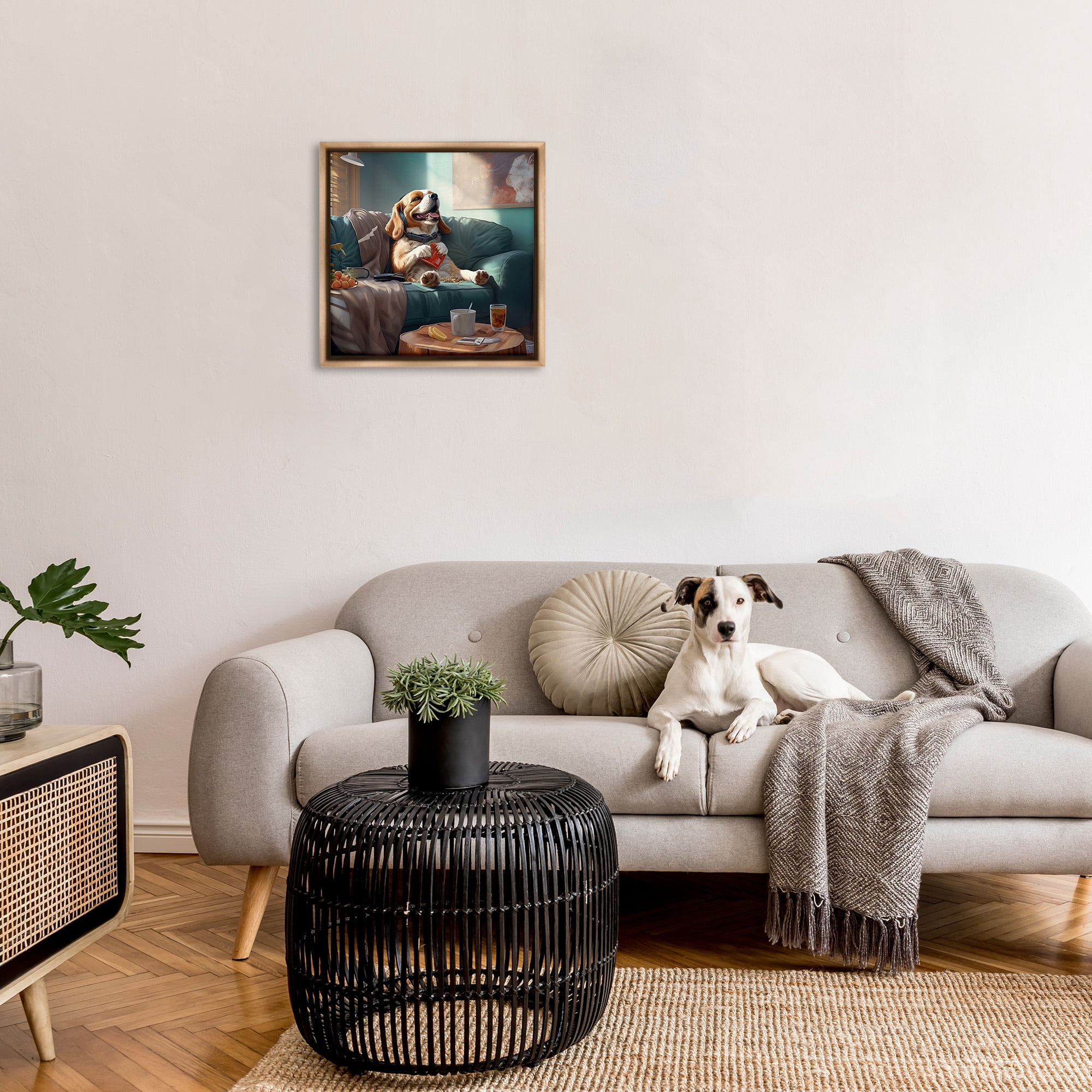 Stupell Industries Happy Dog on Couch Animals & Insects Painting Brown Floater Framed Canvas Art Print Wall Art, 25 x 25