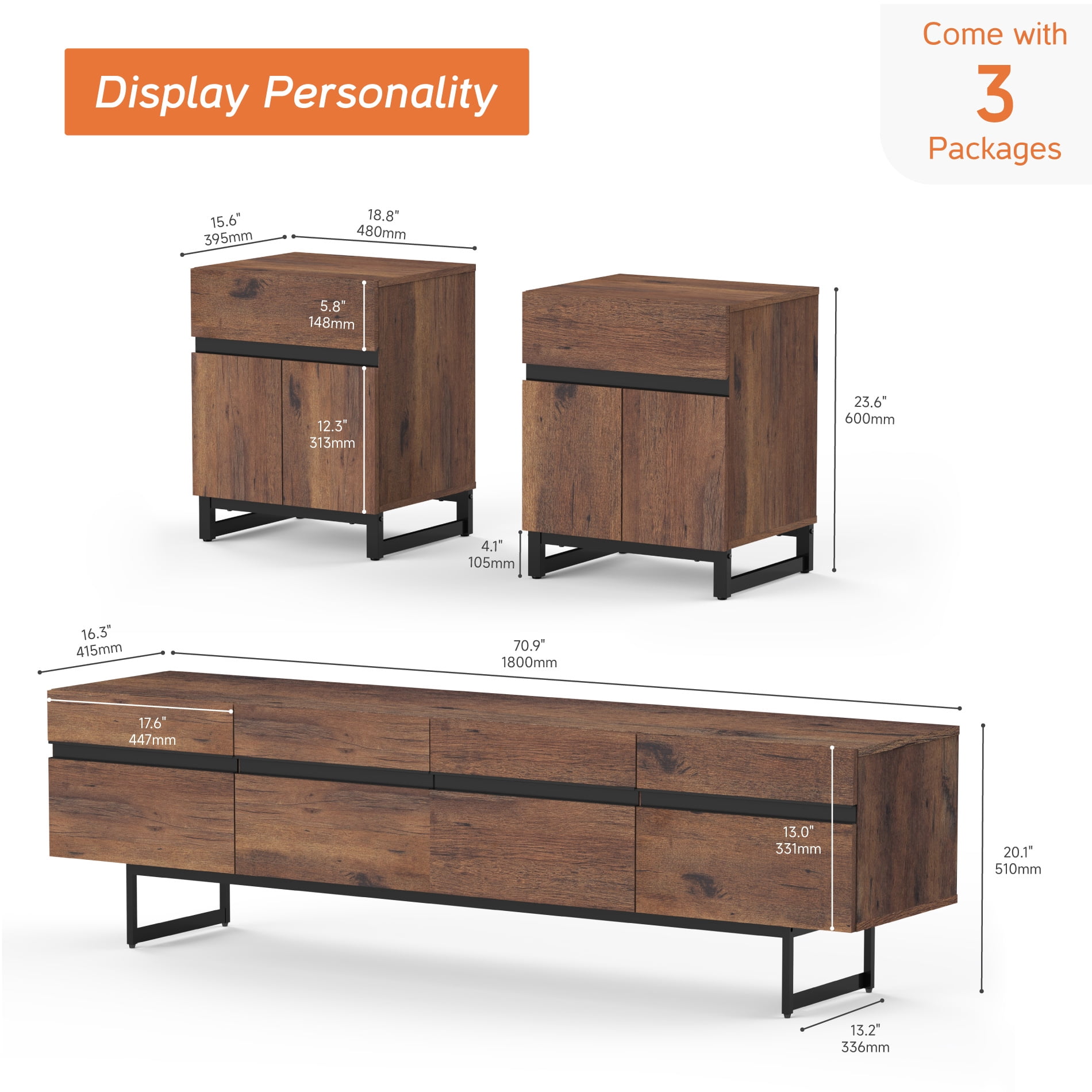Modern 3-Piece Living Room Set: 71" TV Stand with Storage Cabinet + 2 End Tables with Drawers for Living Room, TV Entertainment Center, Console TV,Brown