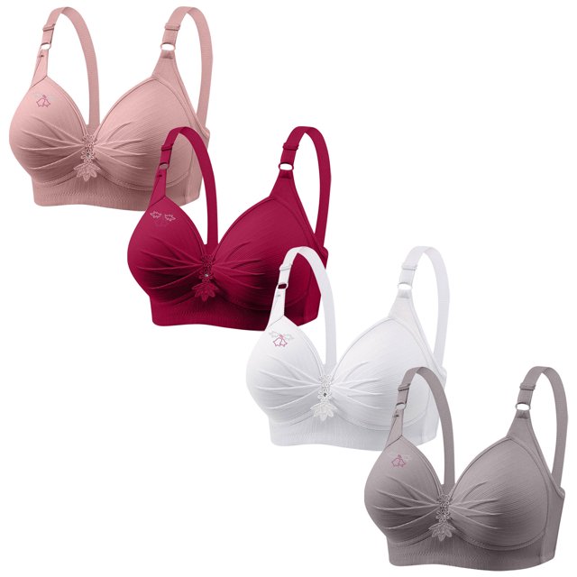 LOVZFMLL Bras for Women 4PC Woman's Printing Gathered Together Large Size Daily Bra Underwear No Rims Pink L