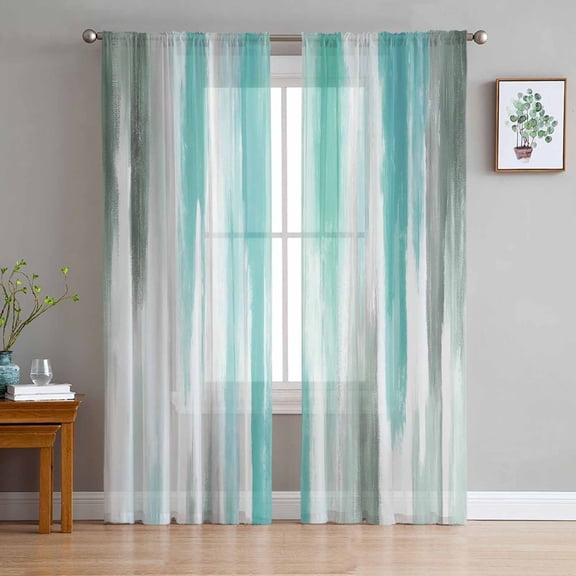 Turquoise Gray Sheer Curtains 63 Inches Length 2 Panels Set, Window Sheer Curtains for Living Room/Bedroom, Farmhouse Abstract Gradient Aesthetic Light Filtering Rod Pocket Curtain 52'' x 63'' x 2