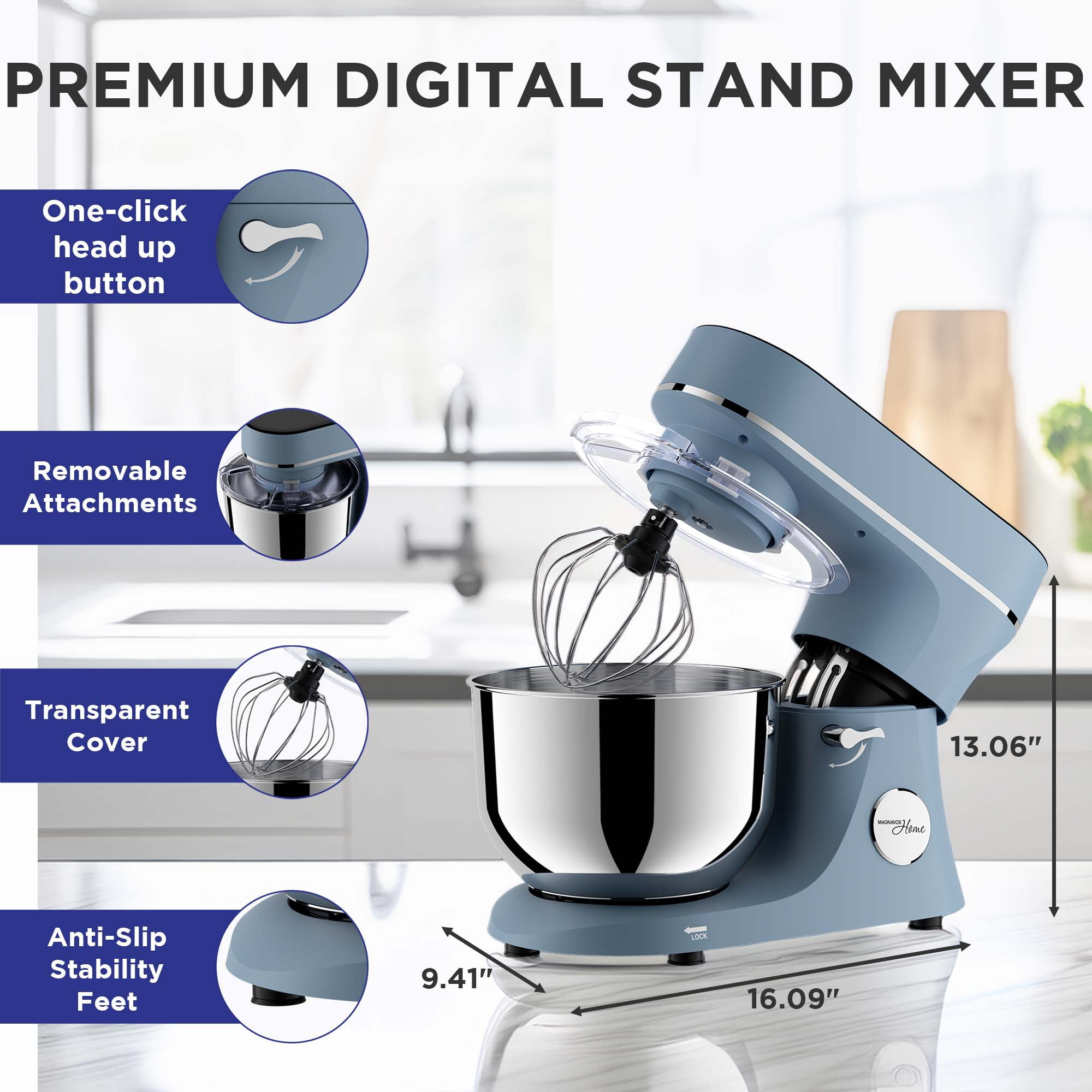 Magnavox 6.0L Digital Touch Screen Stand Mixer with Stainless Steel Bowl, 11-Speed, Tilt-Head, Planetary Mixing, 660W Motor, Dough Hook, Beater, Whisk, Bowl Cover