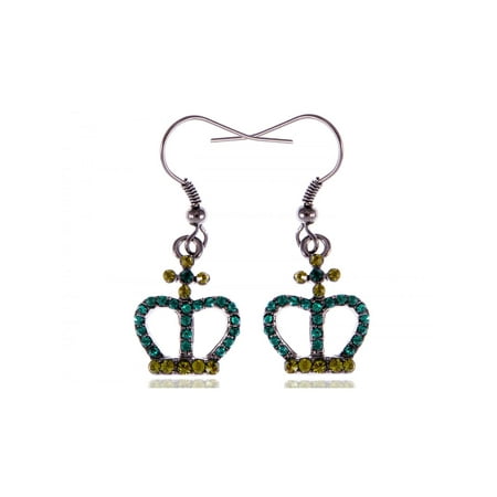 - Peridot Green and Teal Cross Detail Royal Queen Crown Dangle Fish Hook Earrings