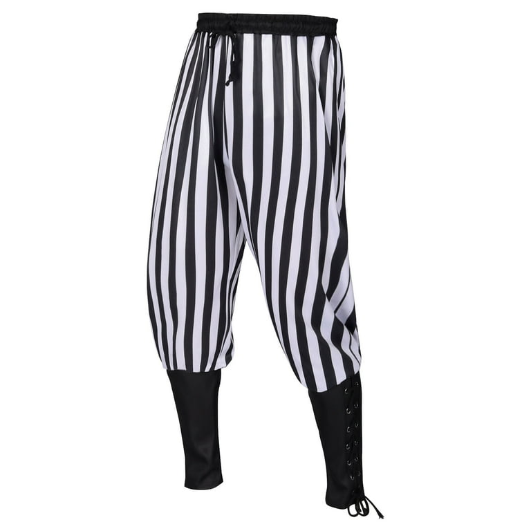 HOOMEUMY Men s Retro Striped Long Pants Halloween Pirate Costume Black White Vertical Striped Trousers Cosplay Party Loose Fit Drawstring Pants with