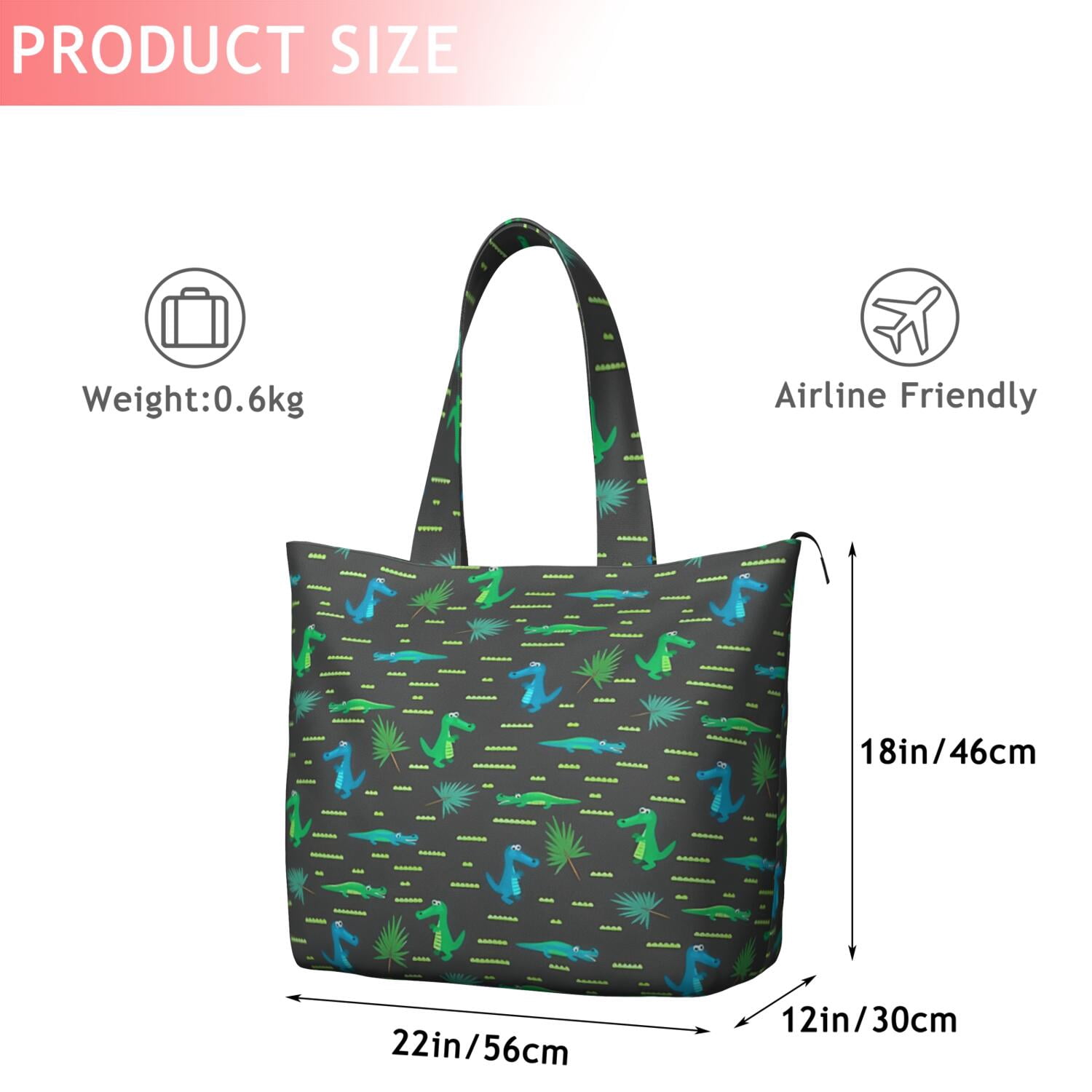DarkGray Cartoon Crocodiles Pattern Travel Tote Bags for Women Carry On,Large Weekender Bags for Women Travel,Multi Functional Duffle Bag for Work,Shopping,Sports