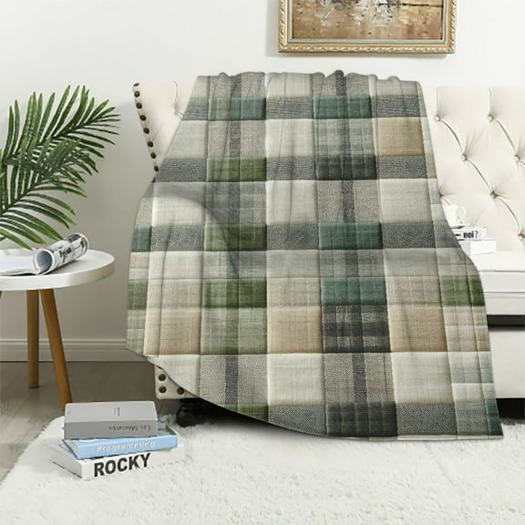 Lingy  Checkered Throw Blanket - Sage Green Soft Cozy and Warm Throws, Hand Made Fluffy Fuzzy Plush Blankets for Couch, Sofa, Chair, Home Decor, Picnic, Lightweight Bed Blanket White