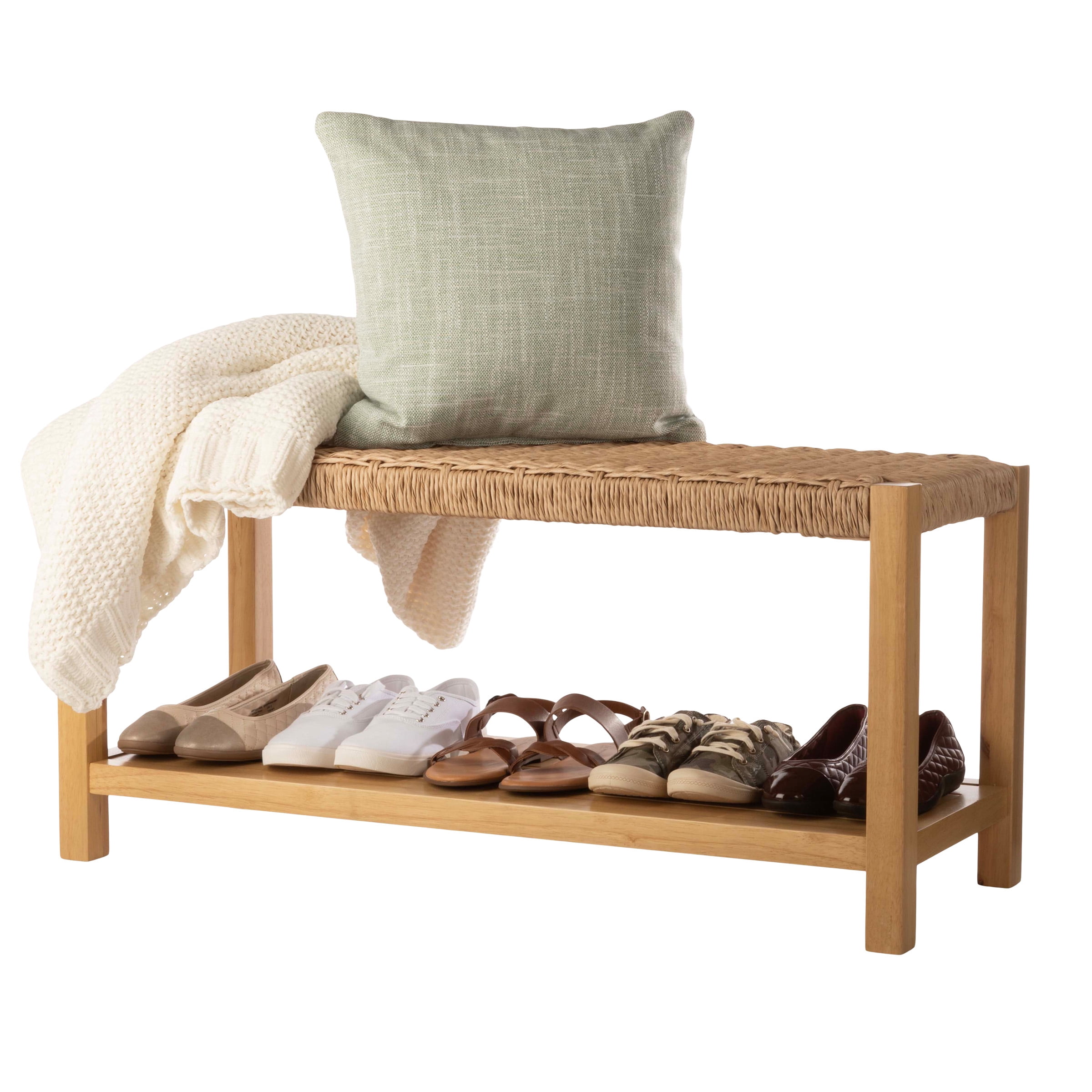 Alaterre Furniture Newport 40 in. Wood Bench with Rush Seat and Storage Shelf for Entryway or Bedroom, Natural