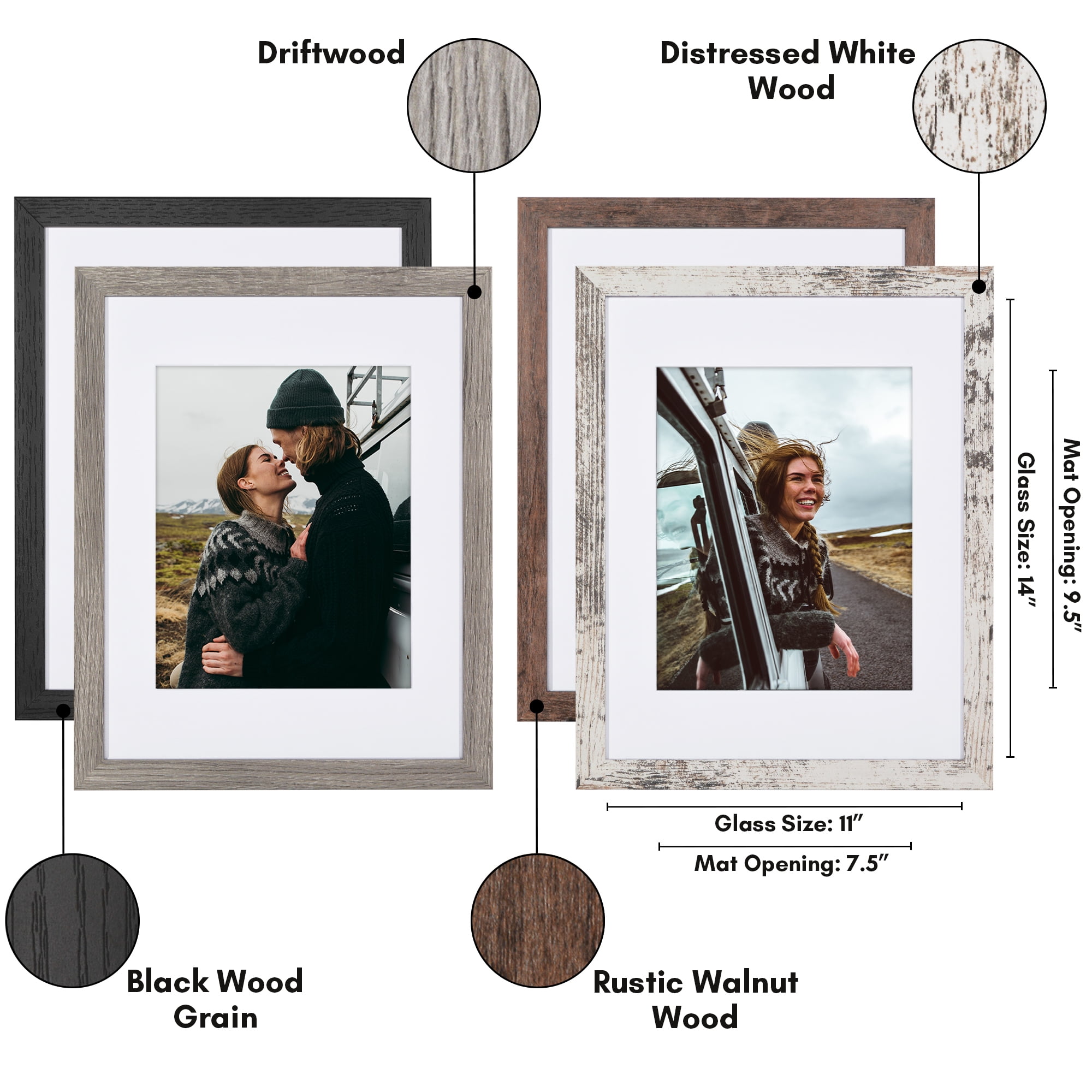 Americanflat 11x14 Picture Frame with 8x10 Mat 4 Pack - Rustic Picture Frames Shatter Resistant Glass and Easel