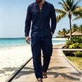 thumbnail image 6 of Miqool Mens 2 Piece Outfits Linen Stand Collar Long Sleeve Shirt Loose Workwear Pants Matching Set Casual Loungewear Tracksuit S‑3XL, 6 of 8