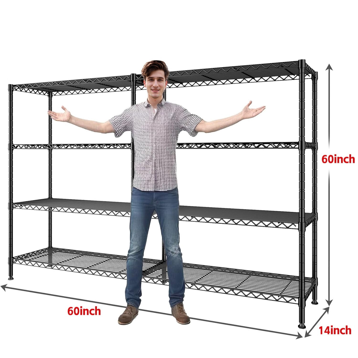 Sailvan 4-Tier Heavy Duty Metal Storage Rack,60"W x 14"D x 60"H Adjustable Wire Shelving Unit,1200 lbs Capacity Garage Pantry Shelves,Black