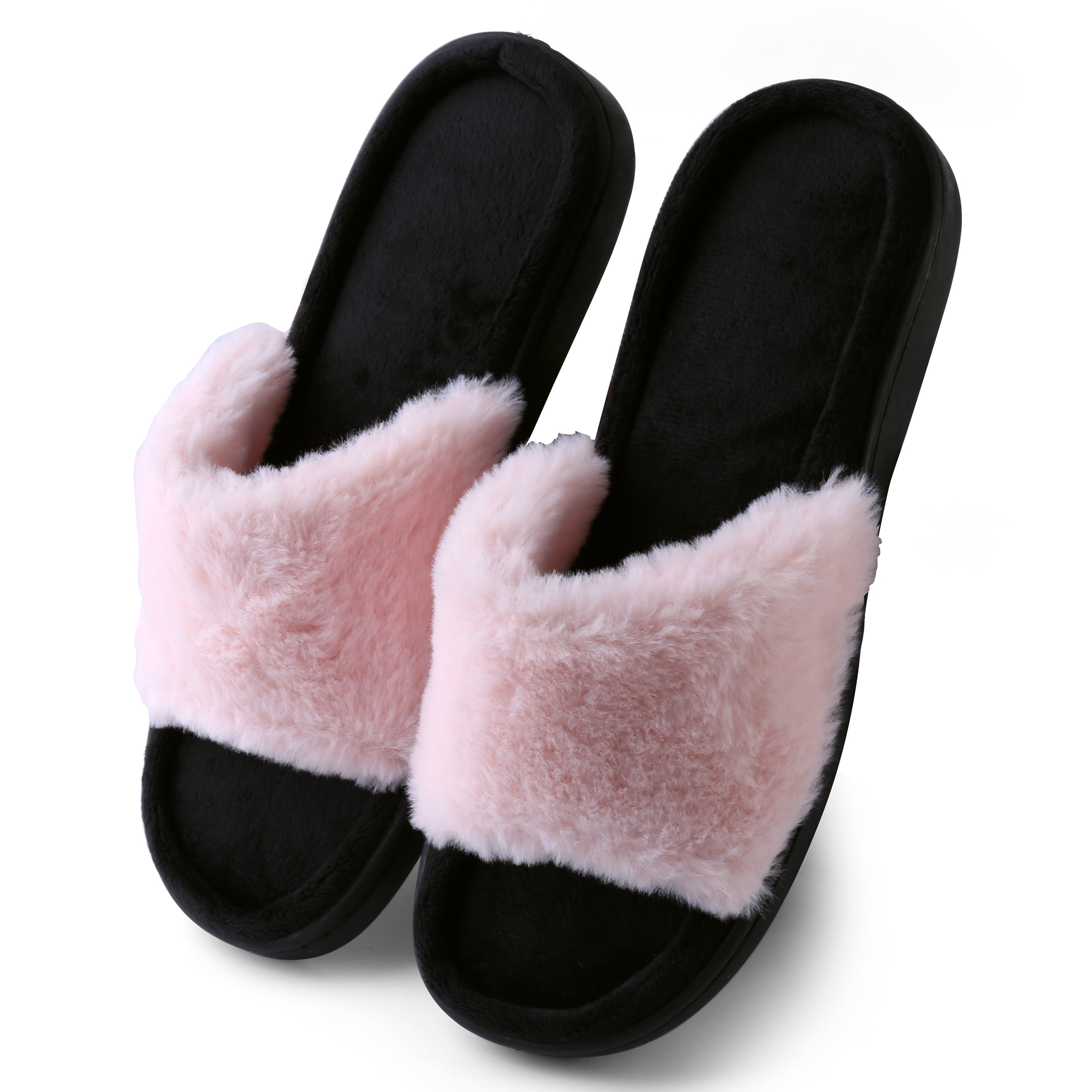 Fluffy Slide Slippers for Women – Soft Fleece Open Toe Indoor Slip-On House Shoes with Non-Slip Rubber Sole, Cozy Home Lounge Footwear