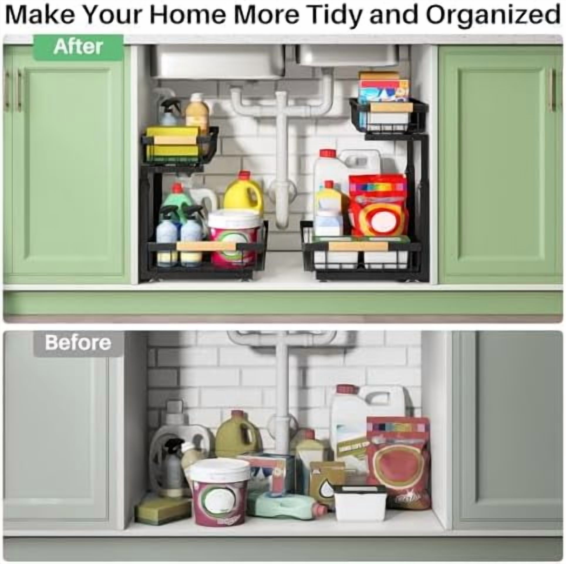 Under Sink Organizer, 2 Tier Under the Sink Storage, Slide out Pull out Cabinet Organizer Shelf, Metal Sliding Drawer for Kitchen Bathroom Pantry Closet Organization Rack, Black, 2 Pack