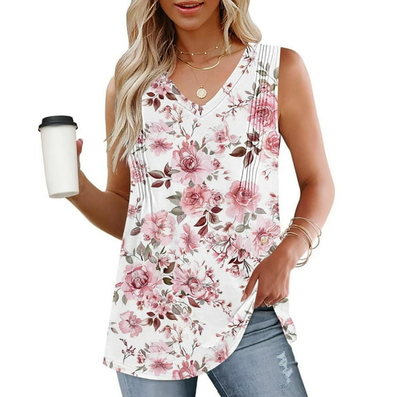 BRGZLK Womens Tank Tops Summer Fashion Flower Printed Casual Sleeveless Top Loose V-Neck Tunic Blouses Light Blue L