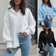thumbnail image 3 of Camisa suelta de mujer Linterna sólida Mangas largas Botones de hombro caído Camisas casuales MABOTO Blanco/XL, 3 of 7