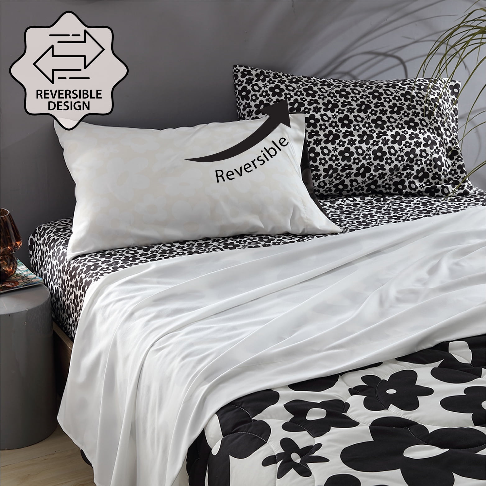 Urban Shop 8 Piece Black and White Floral Mix and Match Sheet Set, Full