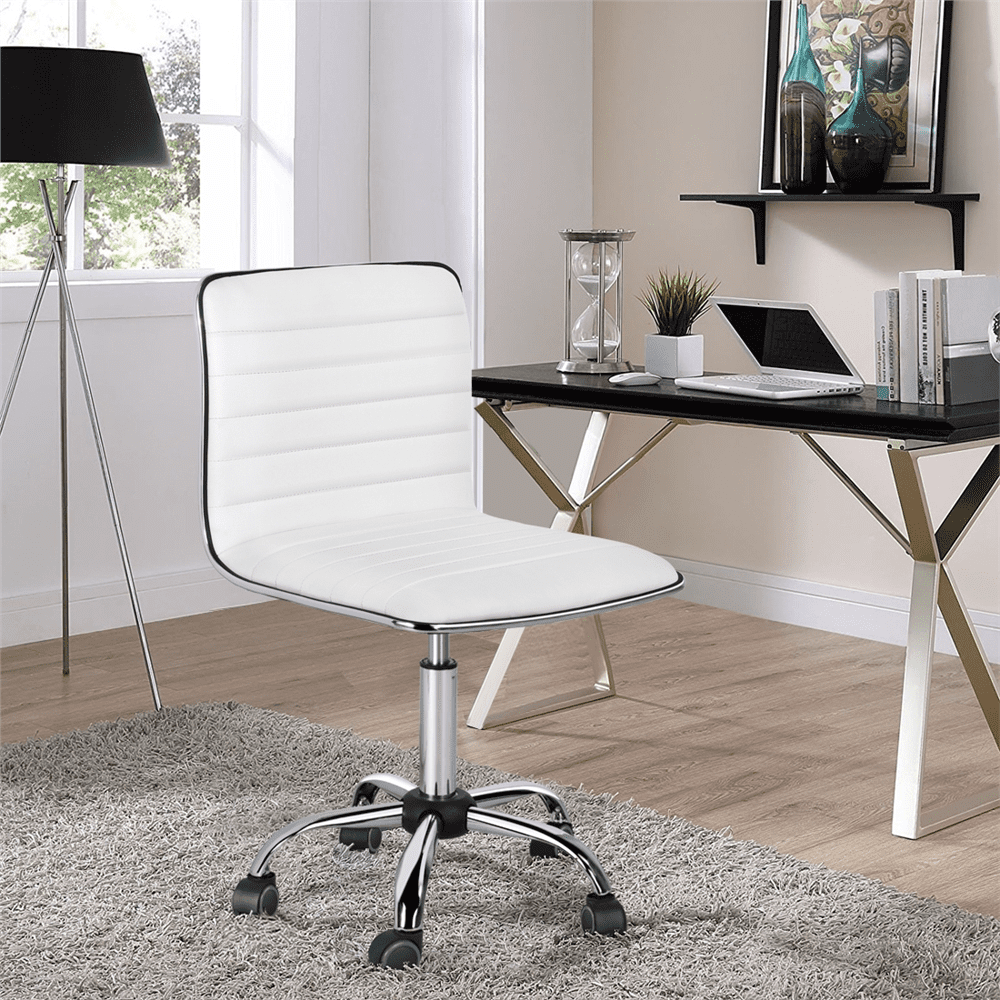 Home Office Desk Chair PU Mid Back Armless Swivel Task Chair Wheels White 